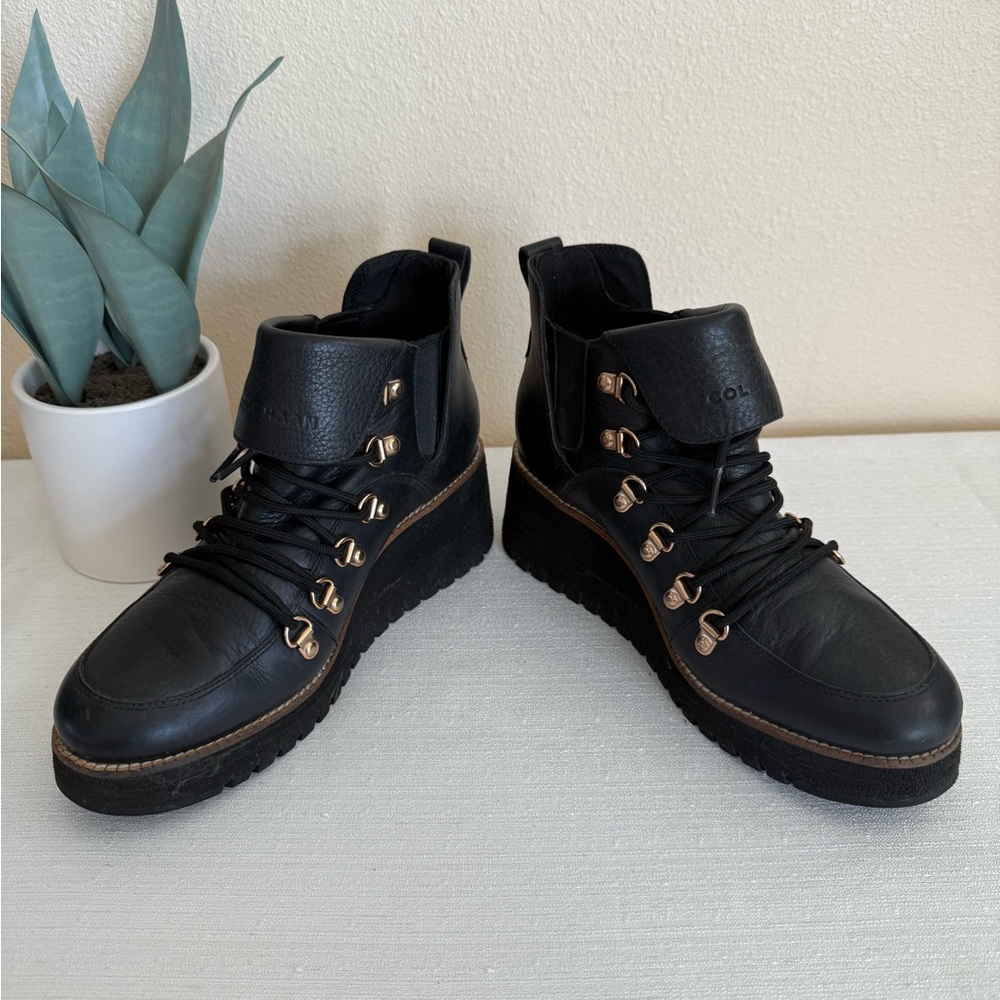 Cole Haan Black Leather Lace Up Wedge Waterproof Ankle Boots - Picture 8 of 11
